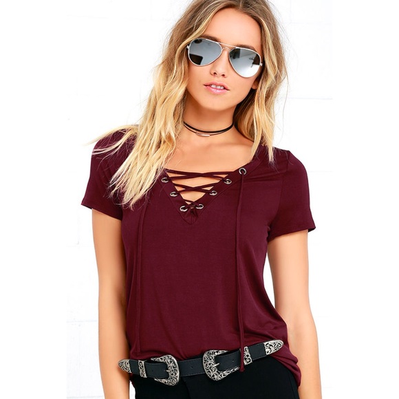 Lulus Tops - Lulu’s Enjoy the Ride Lace Up Tee, Size M